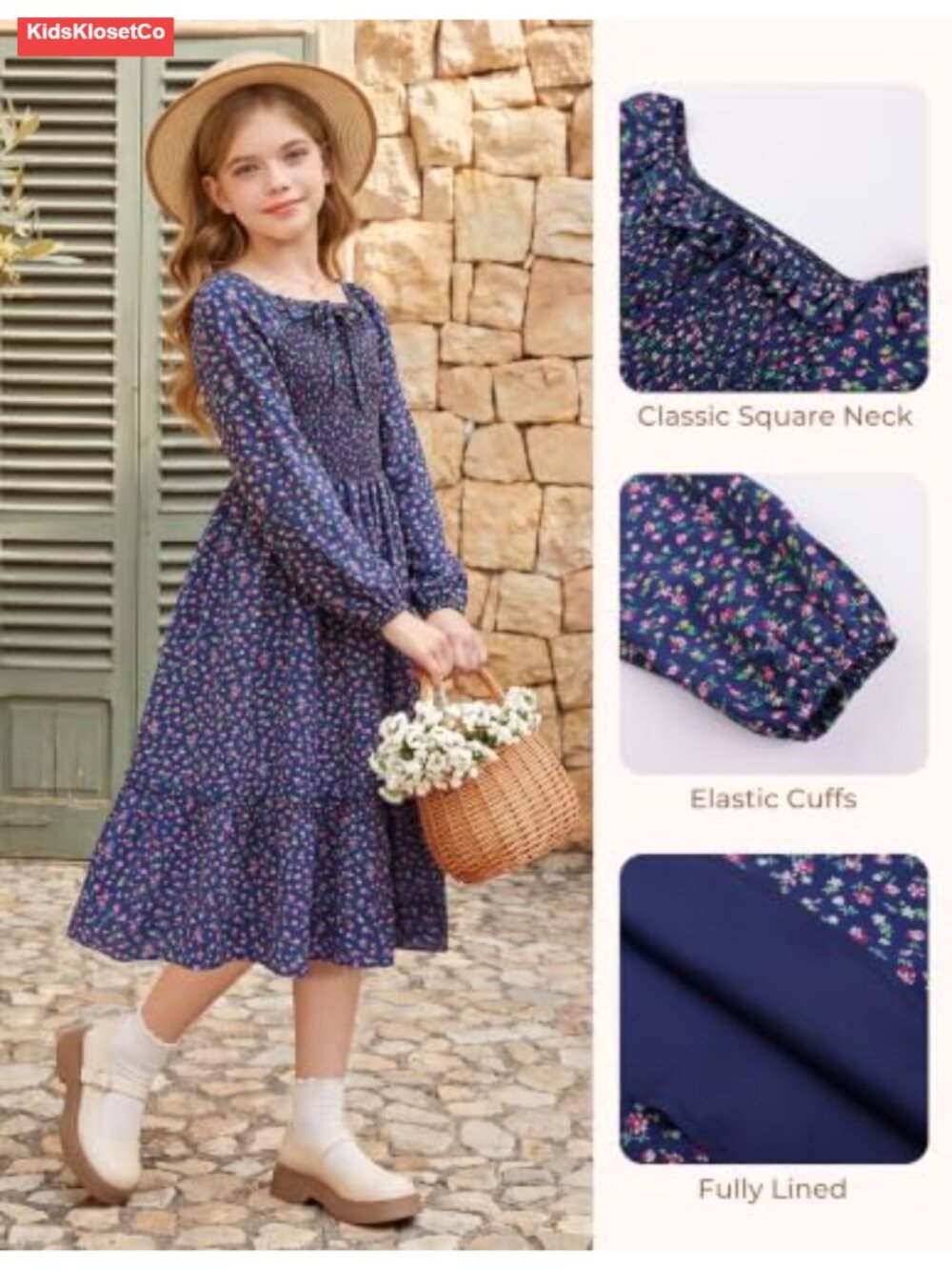 Girls Floral Maxi Dress Long Sleeve Square Neck Smocked Fall Casual 6-14Y - Picture 5 of 6